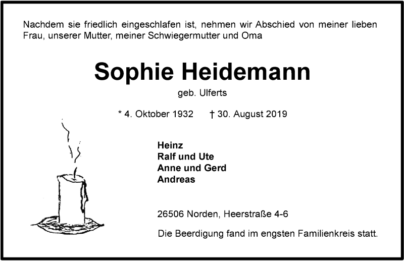  Traueranzeige für Sophie Heidemann vom 07.09.2019 aus 