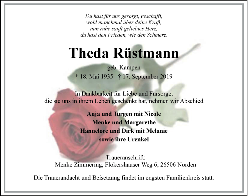  Traueranzeige für Theda Rüstmann vom 19.09.2019 aus 