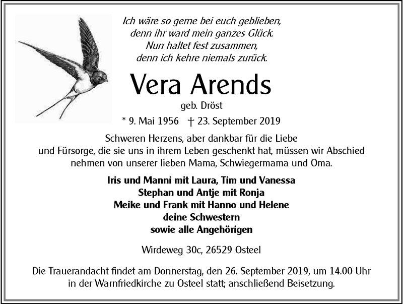  Traueranzeige für Vera Arends vom 25.09.2019 aus 