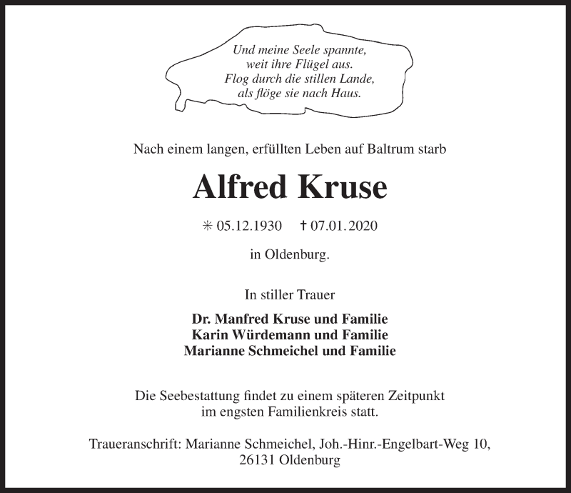  Traueranzeige für Alfred Kruse vom 11.01.2020 aus 