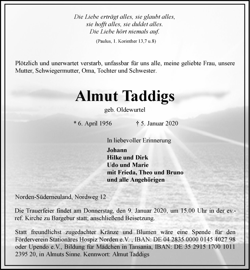  Traueranzeige für Almut Taddigs vom 07.01.2020 aus 