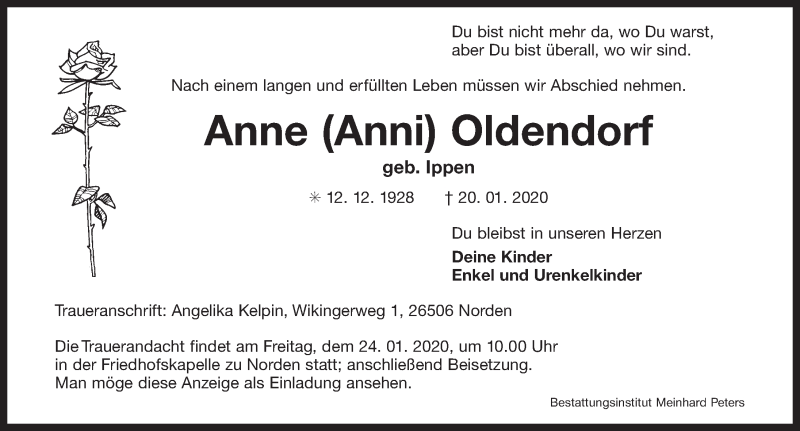  Traueranzeige für Anne Oldendorf vom 22.01.2020 aus 