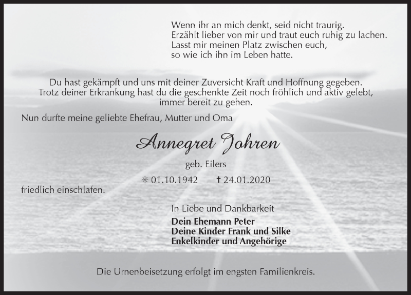  Traueranzeige für Annegret Johren vom 28.01.2020 aus 