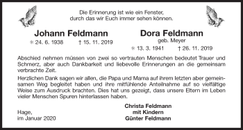 Traueranzeige von Dora und Johann Feldmann 