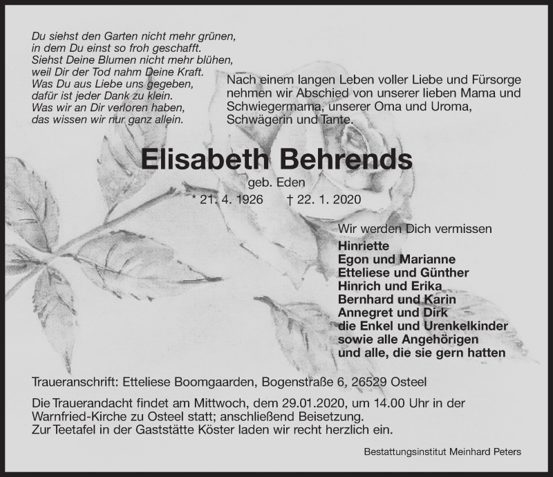  Traueranzeige für Elisabeth Behrends vom 24.01.2020 aus 
