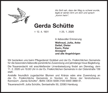 Traueranzeige von Gerda Schütte 
