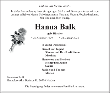Traueranzeige von Hanna Balk 
