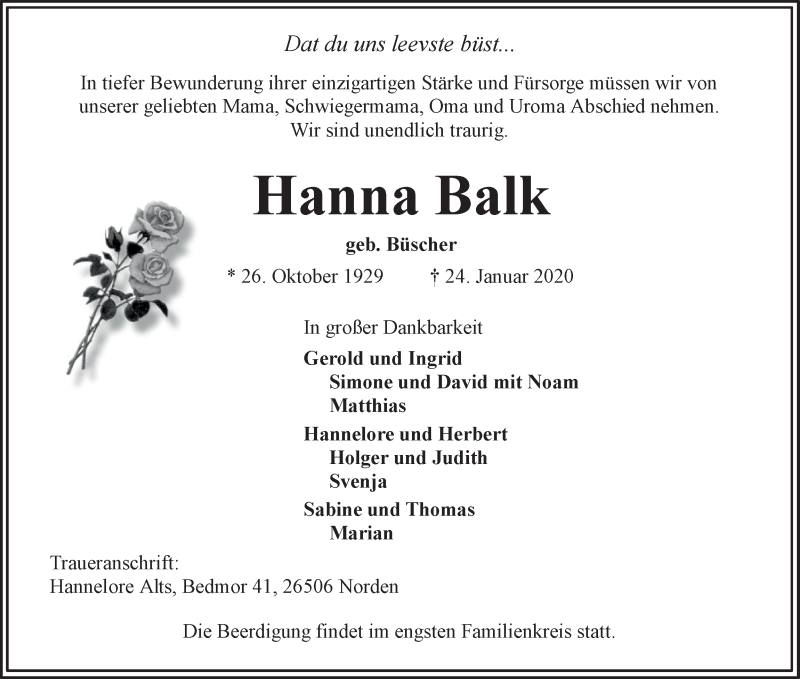  Traueranzeige für Hanna Balk vom 27.01.2020 aus 