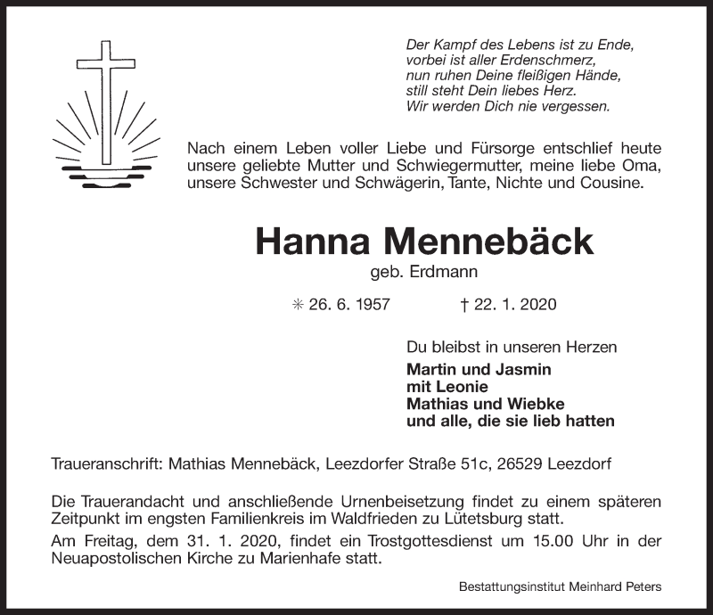  Traueranzeige für Hanna Mennebäck vom 25.01.2020 aus 