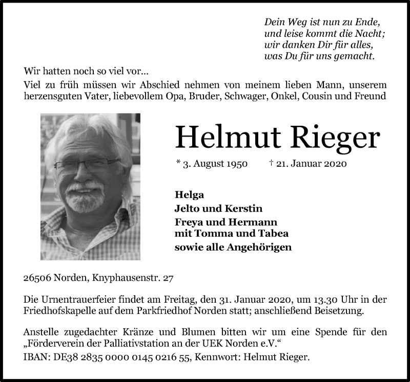  Traueranzeige für Helmut Rieger vom 25.01.2020 aus 