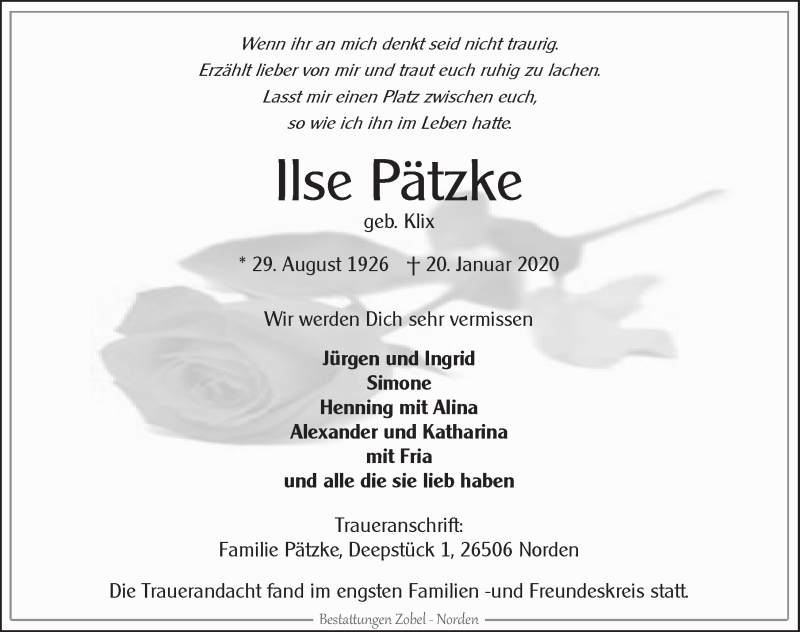  Traueranzeige für Ilse Pätzke vom 29.01.2020 aus 