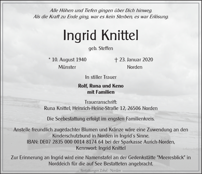  Traueranzeige für Ingrid Knittel vom 25.01.2020 aus 