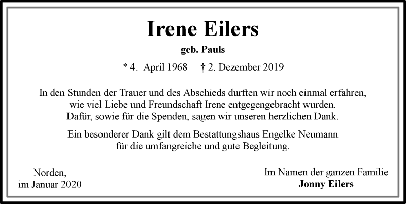  Traueranzeige für Irene Eilers vom 11.01.2020 aus 