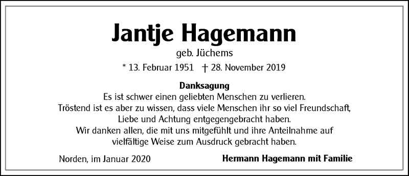  Traueranzeige für Jantje Hagemann vom 11.01.2020 aus 