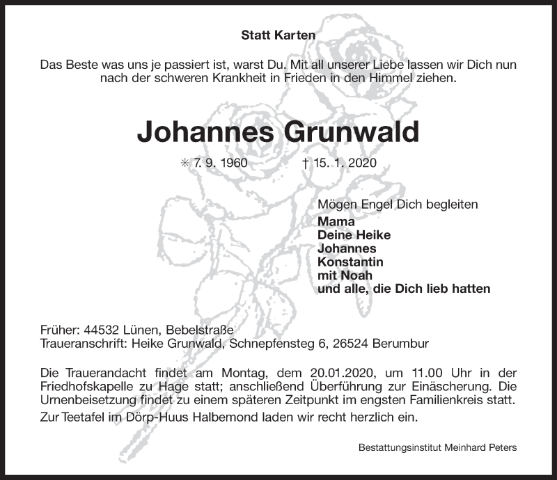  Traueranzeige für Johannes Grunwald vom 17.01.2020 aus 
