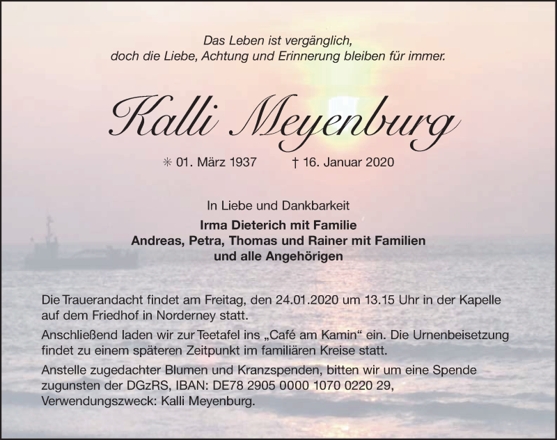  Traueranzeige für Kalli Meyenburg vom 21.01.2020 aus 