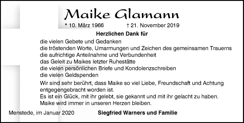  Traueranzeige für Maike Glamann vom 18.01.2020 aus 
