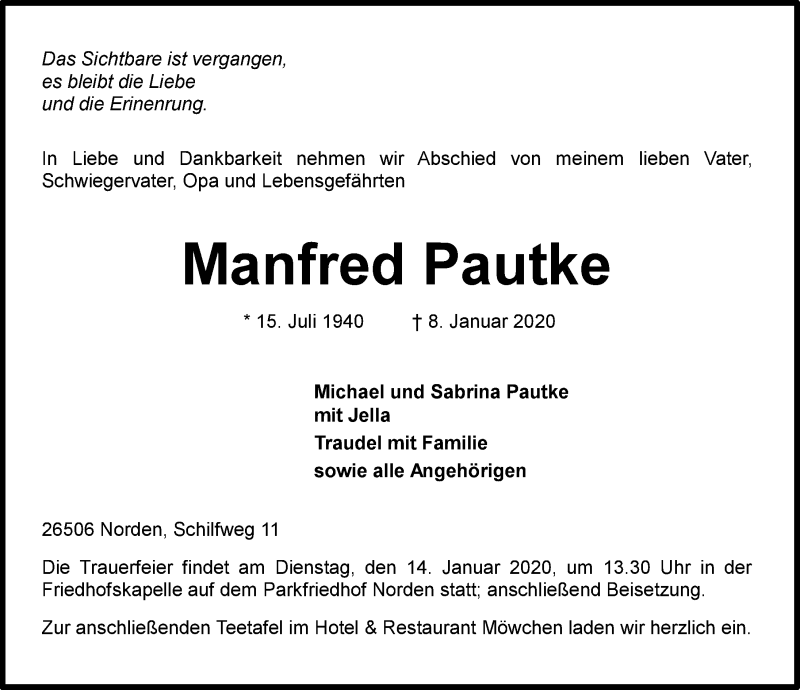 Traueranzeige für Manfred Pautke vom 11.01.2020 aus 