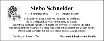 Traueranzeige von Siebo Schneider 