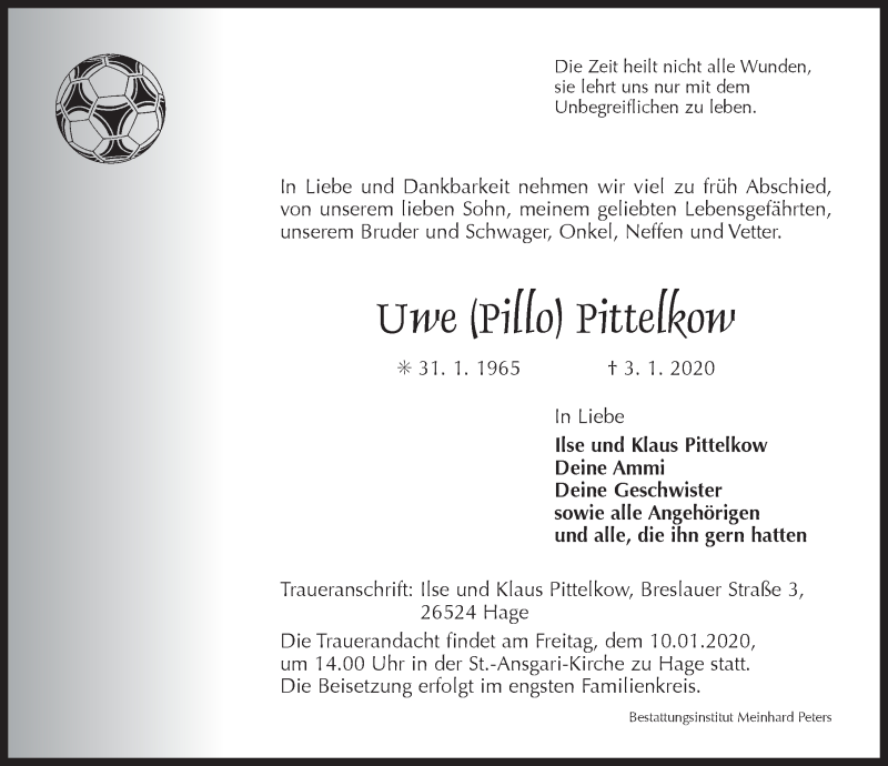  Traueranzeige für Uwe Pillo Pittelkow vom 08.01.2020 aus 