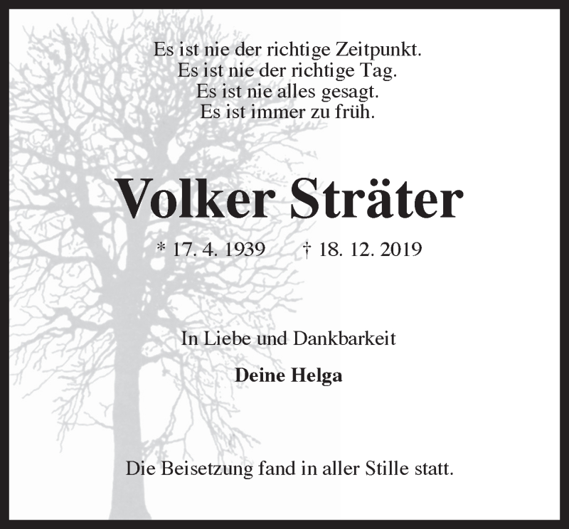  Traueranzeige für Völker Sträter vom 18.01.2020 aus 