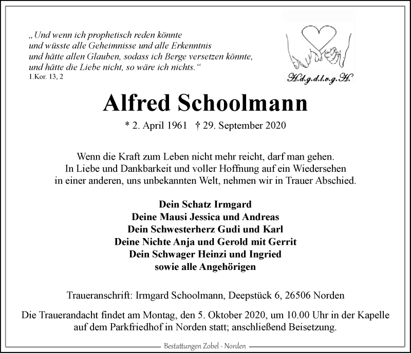  Traueranzeige für Alfred Schoolmann vom 02.10.2020 aus 
