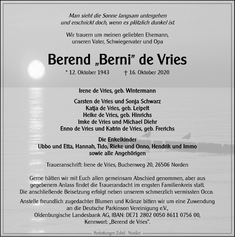  Traueranzeige für Berend  de Vries vom 21.10.2020 aus 