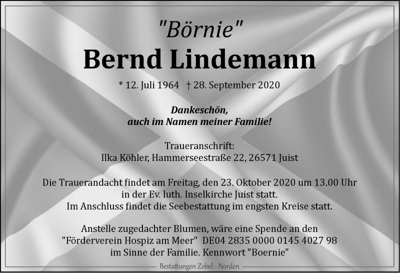  Traueranzeige für Bernd Lindemann vom 07.10.2020 aus 