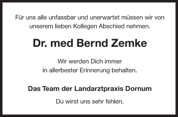 Traueranzeige von Bernd Zemke 