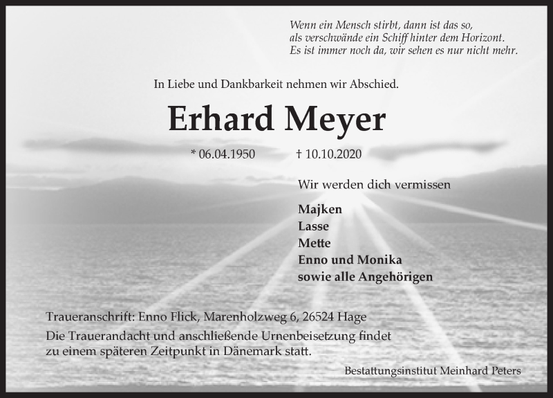  Traueranzeige für Erhard Meyer vom 17.10.2020 aus 