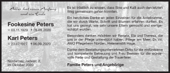 Traueranzeige von Fookesine und Karl Peters 