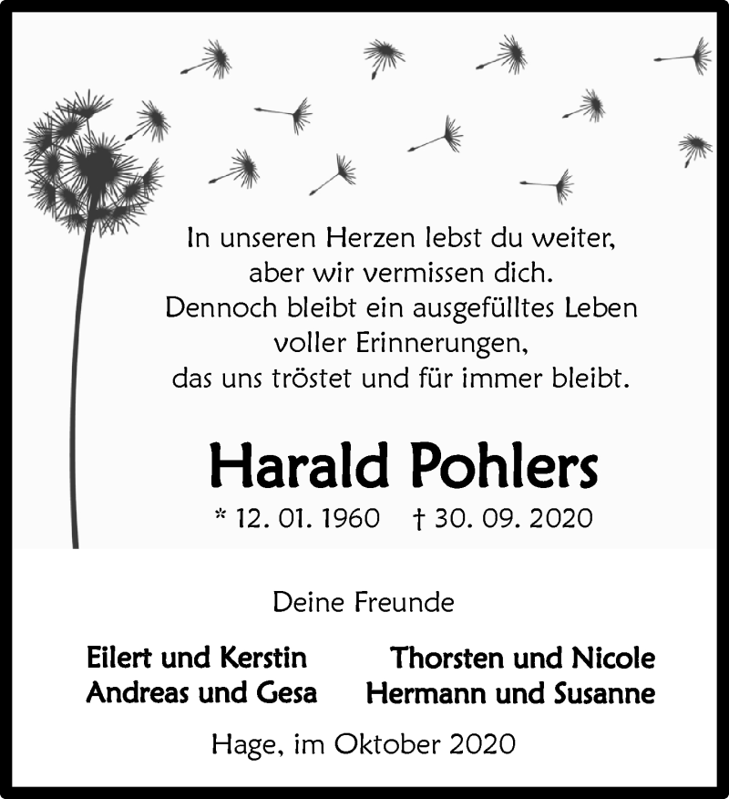  Traueranzeige für Harald Pohlers vom 09.10.2020 aus 