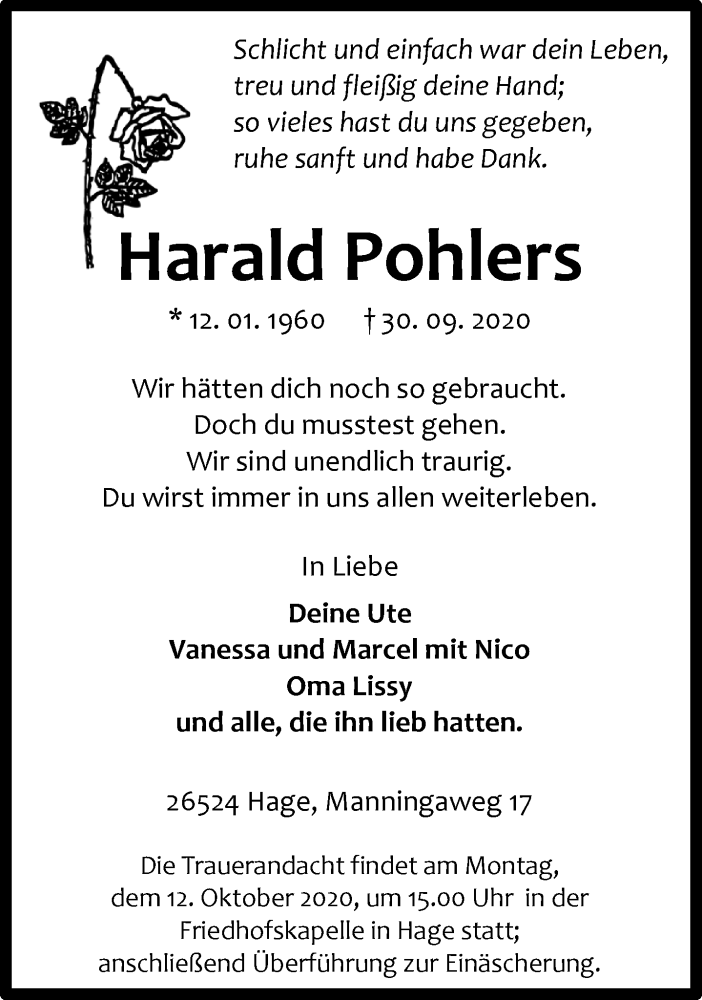  Traueranzeige für Harald Pohlers vom 09.10.2020 aus 