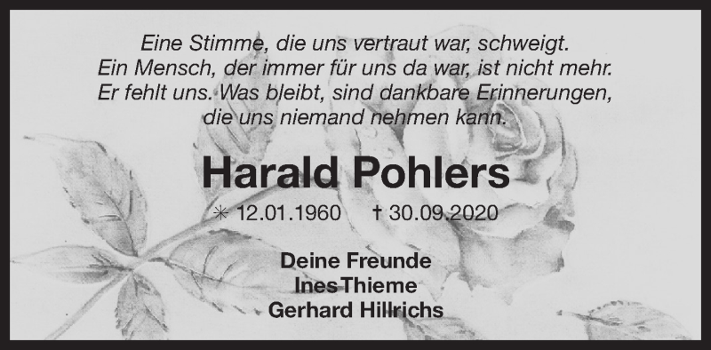  Traueranzeige für Harald Pohlers vom 09.10.2020 aus 