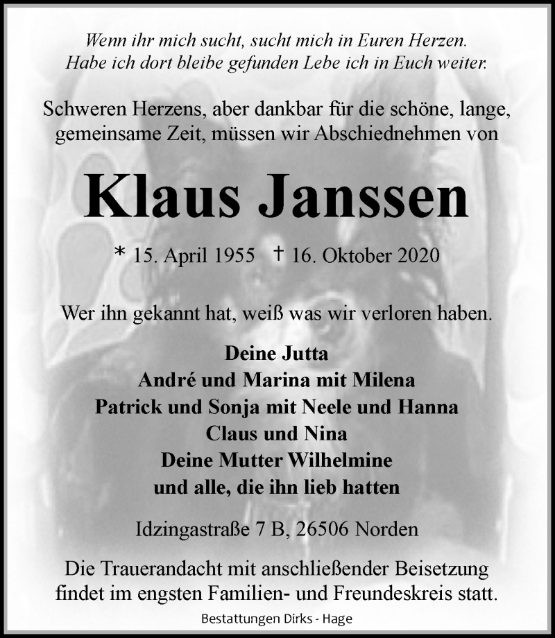  Traueranzeige für Klaus Janssen vom 19.10.2020 aus 