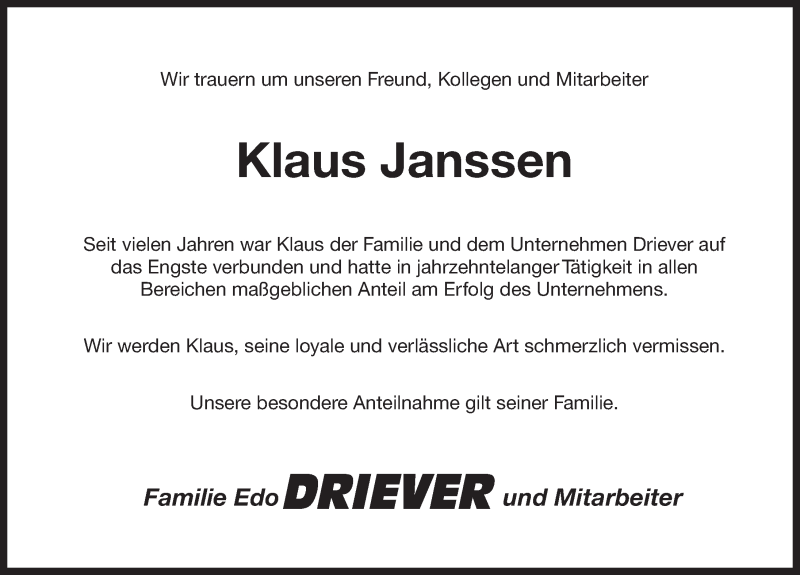  Traueranzeige für Klaus Janssen vom 20.10.2020 aus 