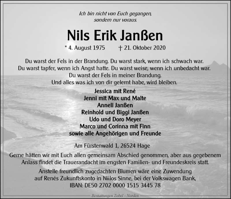  Traueranzeige für Nils Erik Janßen vom 29.10.2020 aus Ostfrisischer Kurier