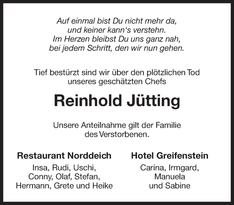  Traueranzeige für Reinhold Jütting vom 02.10.2020 aus 