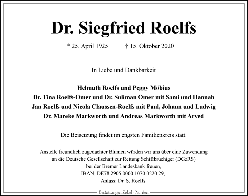  Traueranzeige für Siegfried Roelfs vom 24.10.2020 aus 