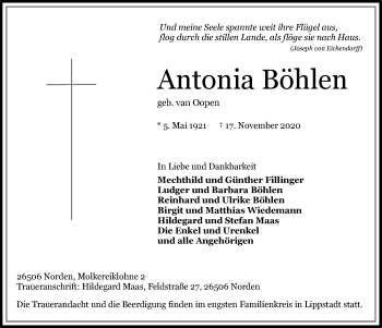 Traueranzeige von Antonia Böhlen 
