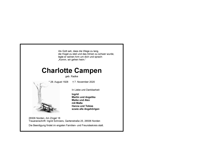  Traueranzeige für Charlotte Campen vom 09.11.2020 aus 