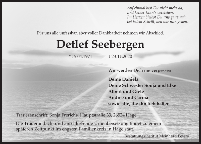  Traueranzeige für Detlef Seebergen vom 28.11.2020 aus 