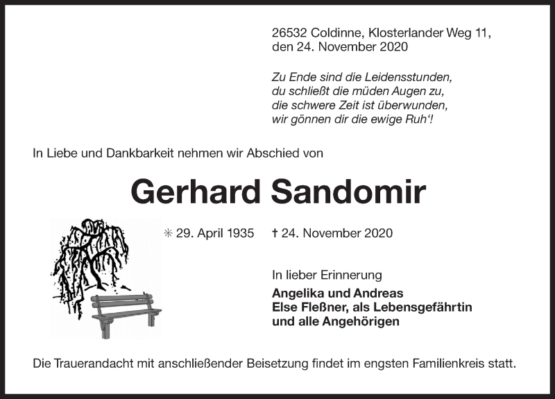  Traueranzeige für Gerhard Sandomir vom 25.11.2020 aus 
