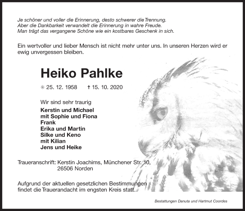  Traueranzeige für Heiko Pahlke vom 07.11.2020 aus 