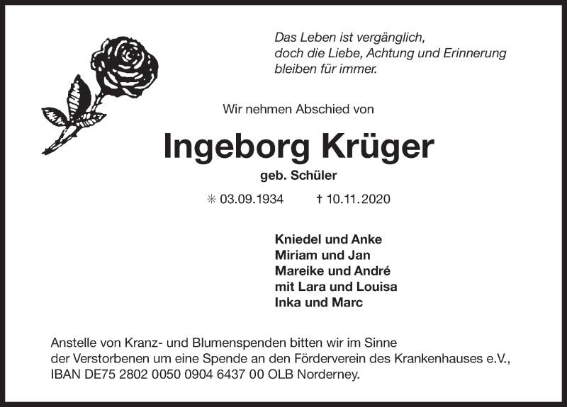  Traueranzeige für Ingeborg Krüger vom 18.11.2020 aus 