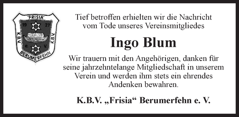  Traueranzeige für Ingo Blum vom 07.11.2020 aus 