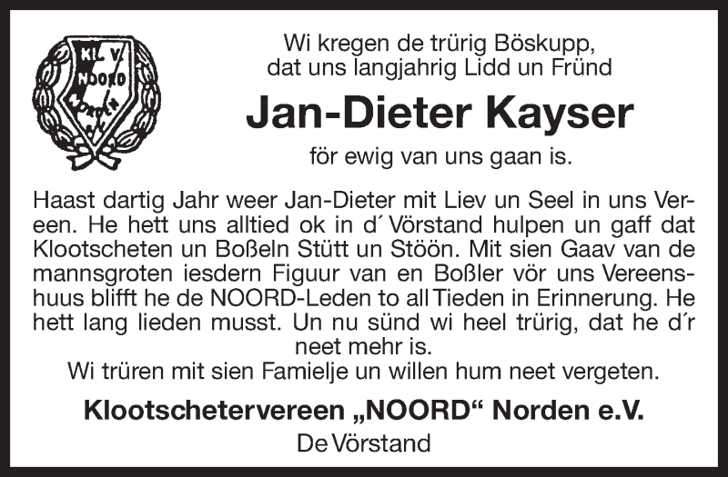  Traueranzeige für Jan-Dieter Kayser vom 21.11.2020 aus 