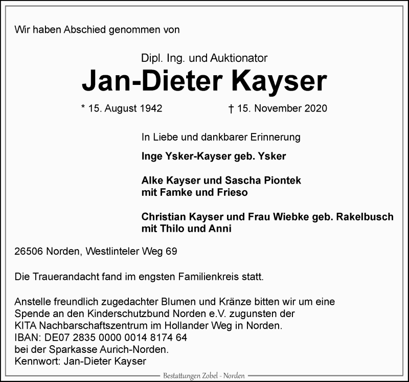  Traueranzeige für Jan-Dieter Kayser vom 21.11.2020 aus 