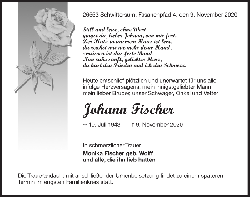  Traueranzeige für Johann Fischer vom 11.11.2020 aus 