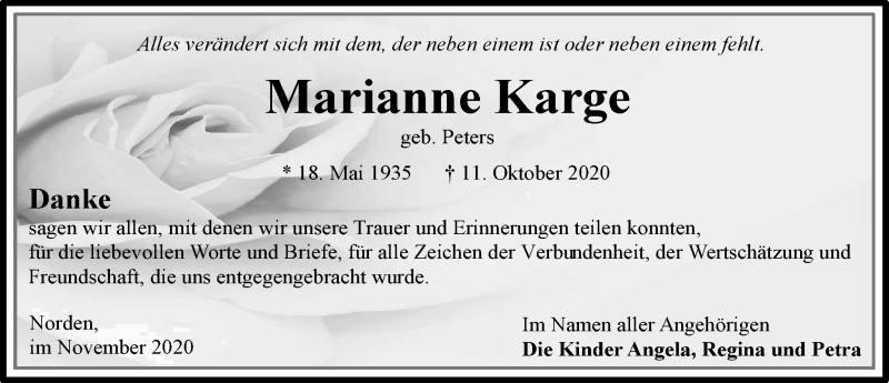  Traueranzeige für Marianne Karge vom 21.11.2020 aus 